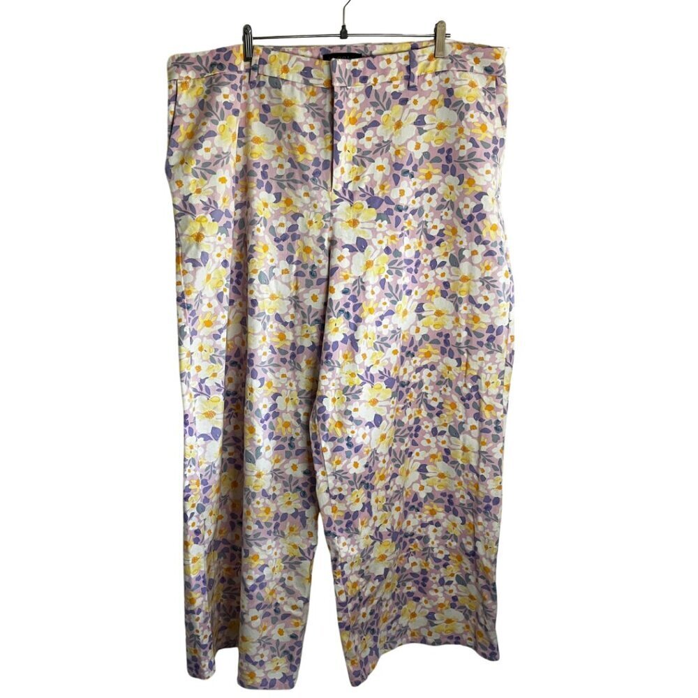 Eloquii Purple Retro Spring Floral Novelty Print Wide Leg Cropped Denim Pants